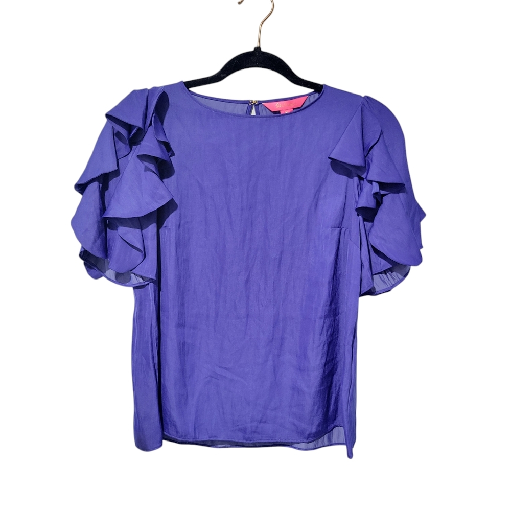Lilly Pulitzer Ana Short Sleeve Flounce Top Satin Blouse Blue NWT